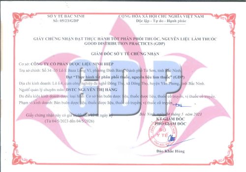 Dược liệu Ninh Hiệp nhận Chứng nhận đạt thực hành tốt phân phối thuốc, nguyên liệu làm thuốc (GDP)